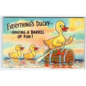 Everything's Ducky Having a Barrel of Fun Anthropomorphic Duck Postcard 1940's